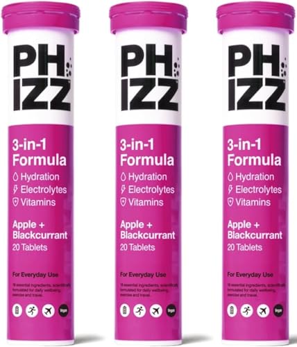 Phizz Electrolitos, Multivitaminas e Hidratación Efervescente Comprimidos - 18 Vitaminas y Minerales, Vitamina C, Añade a tu Botella de Agua y Bajo en Calorías (60 Pastilla, Manzana y Grosella Negra)