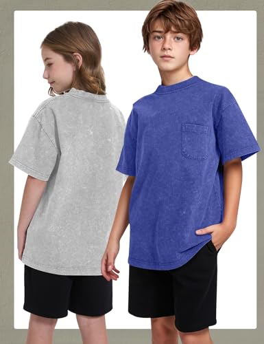 Image of COZYPOIN Unisex Kids Vintage Acid Wash Cotton Tees Crew Neck 3-16Y