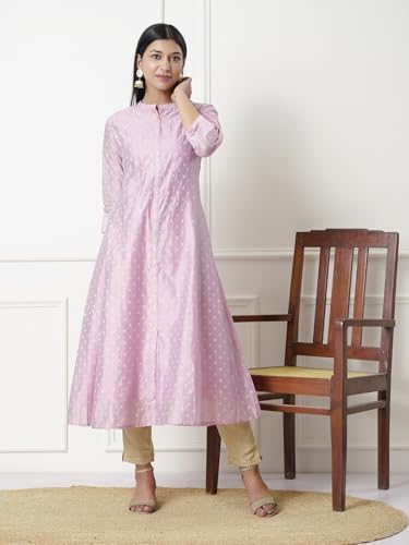 Image of rangita Off White Chanderi Calf Length Printed Flared Kurti for Women | Kurta for Women