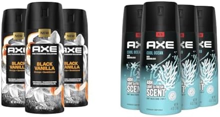 Axe Fine Fragrance Black Vanilla Orange Sandalwood Premium Body Spray 3 Count + AXE Cool Ocean Dual Action Deodorant Body Spray Pack of 4