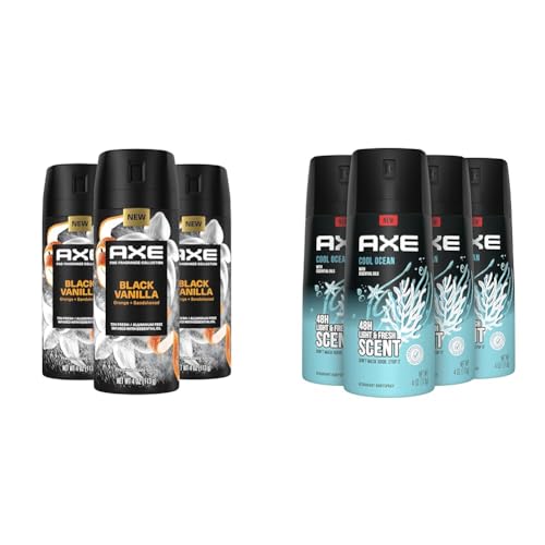 Axe Fine Fragrance Black Vanilla Orange Sandalwood Premium Body Spray 3 Count + AXE Cool Ocean Dual Action Deodorant Body Spray Pack of 4