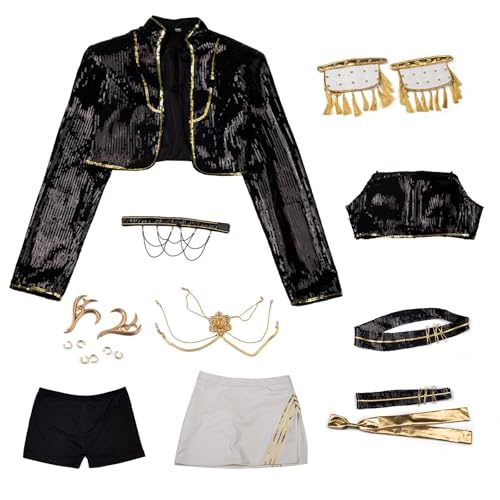 Cosfun Womens Cosplay Costume Set Black Golden Jacket Top Skirt Uniform Suit Dancing Stage S