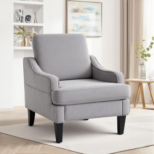 Image of Mid-Century Accent Chair, Comfy Arm Chair Upholstered Living Room Chair for Bedroom, Fabric Reading Chair with Wood Legs for Apartment, Waiting Room, Vanity Room (Gray)