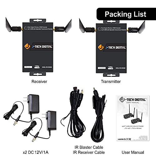 J-Tech Digital Wireless Hdmi Extender 1080P Up To 660 Ft Extension, Transmitter & Receiver Kit Selectable Frequencies To Limit Interference, Ir Remote Control (Up To 4 Sets) #TOP6
