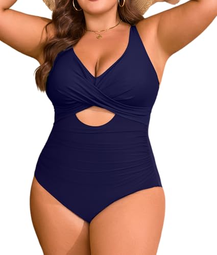B2prity Womens Plus Size Swimsuit Tummy Control One Piece Bathing Suit Tie Back Cutout Ruched Swimwear