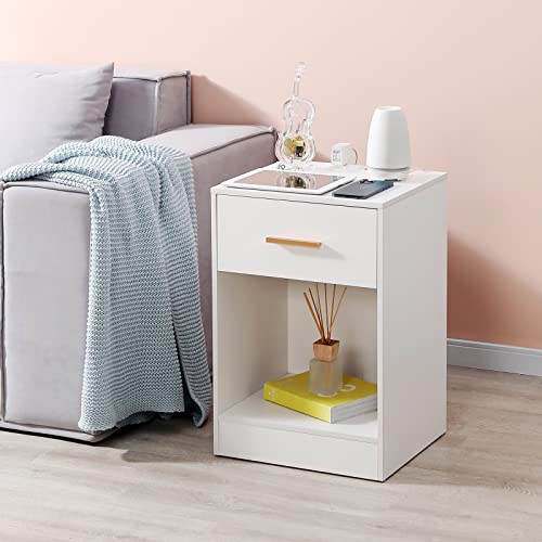 Laptain Nightstand With Charging Station, End Side Table With Storage Drawer And Open Cabinet, Bedside Table For Bedroom, White #TOP3