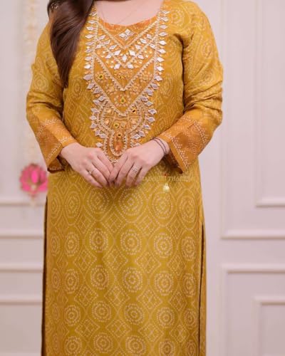 Image of Women's Silk Embroidered Straight Kurti With Pant and Dupatta set