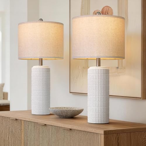 Image of PoKat 27.5'' Tall Table Lamps for Living Room Set of 2, Stone-Like Ceramic Bedroom Lamps for Night Stands, Farmhouse Bedside Lamps for Bedroom Living Room, Nightstand Lamps for End Table, Hallway