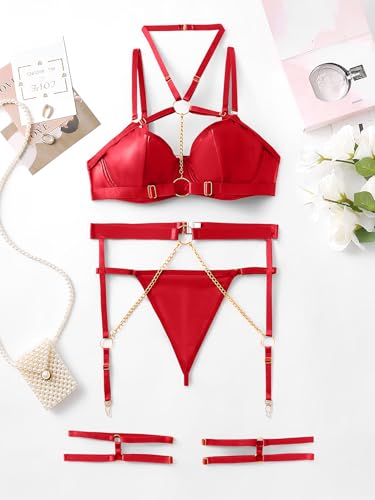 Image of Lilosy Sexy Pu Leather Strappy Underwire Garter Belt Lingerie Set