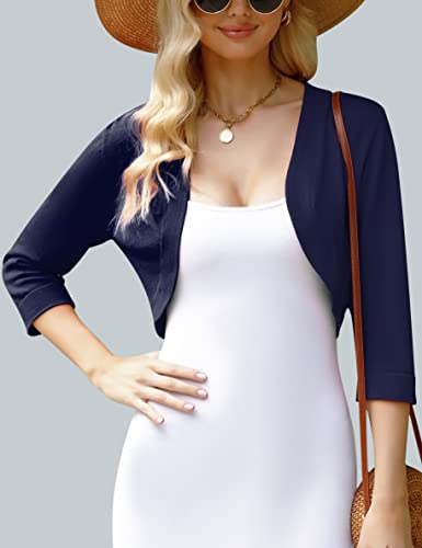 Iclosam Bolero Sweaters For Ladies Open Front Short Cardigan Shrugs For Evening Dresses 3/4 Sleeve Bolero Shrugs Sweater Cotton Cropped Cardigans For Women Dressy Navy Blue S #TOP5