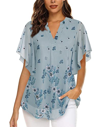 Image of Timeson Women's Short Sleeve V Neck Blouses Shirts Floral Double Layers Mesh Tunics Tops