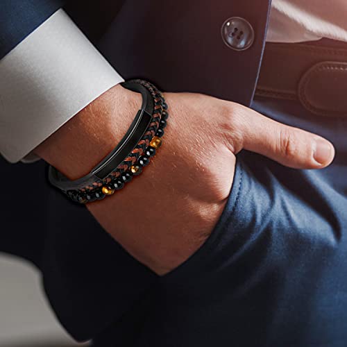 Shieagleld Leather Bracelet, New Mens Braided Bracelet Bead With Lava And Onyx Bead, Cuff Bracelets For Men thumb #5
