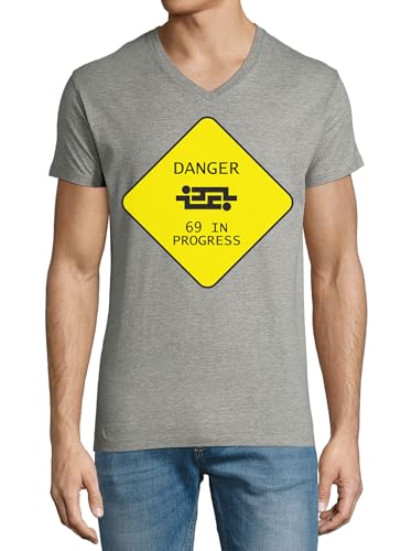 T-shirt en coton à col en V pour homme gris Yellow Sign Danger 69 size XL