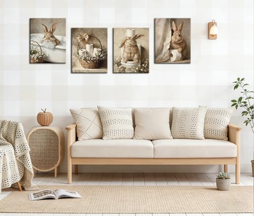 Image of Frimeeme Framed Cute Bunny Bathroom Canvas Wall Art