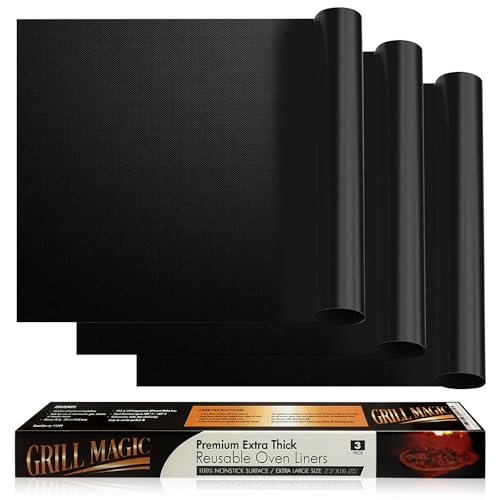 3 Pack Non-Stick Heavy Duty Oven Liners Set for Bottom of Electric Oven by Grill Magic - Thick, Heat Resistant Fiberglass Mat - Easy to Clean, Reduce Spills, Stuck Foods & Clean Up - BPA Free