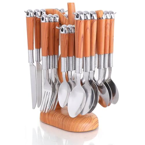 24 Pcs Stainless Steel Cutlery Set with Cutlery Rack, Eating Tableware Set Service for 6, Durable Flatware Set for 6 Includes Knifes, Forks & Spoons for Kitchen and Home
