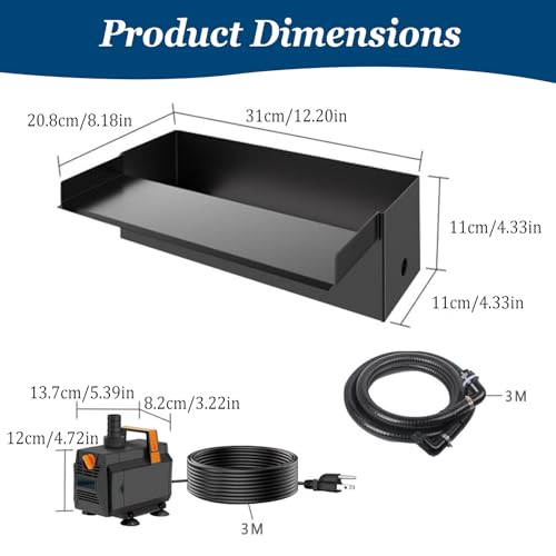 IDAMAKON Teichwasserfall Set 30 cm Edelstahl mit Pumpe,Wasserfall für Gartenteich,– Komplettes Set für Gartenteich,Bachlauf & Wasserspiel –45W 3000 L/h,inkl.Schlauch & Montagezubehör