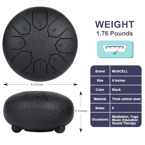 MUSCELL Tambor de língua de aço, 15,2 cm, 8 notas, tambor de mão com bolsa, livro de música, baqueta
