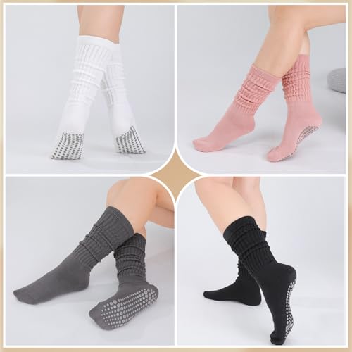 Image of Jspupifip 4 Pairs Women Slouch Pilates Socks with Grips, Non-Slip | 90.5% Cotton, Silicone Grip, Breathable, Yoga Scrunch Socks, Fits US 5-8, Barre, Hospital, Workout