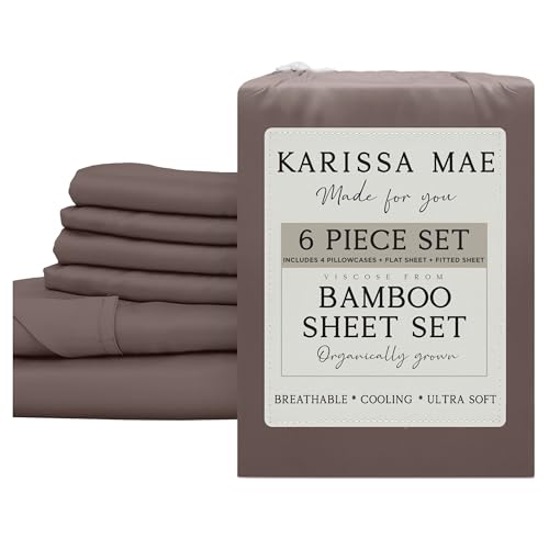 Image of KARISSA MAE 6 Piece Luxury Bamboo Viscose Queen Sheet Set, 4 Pillowcases | FSC Certified | Cooling | Ultra Soft | 18 inch Deep Pockets | Elastic Corner Straps | Includes Organizer Band [Mocha]