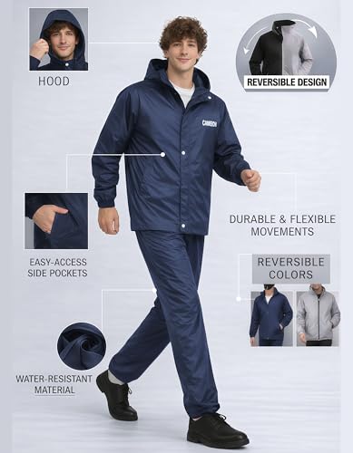 Image of Mens Raincoat Suit with Pant Set Legacy Series | Waterproof Lightweight Breathable Rain Wear | Strong Stitching, Elastic Cuff & Waterproof Zipper Raincoat for men waterproof