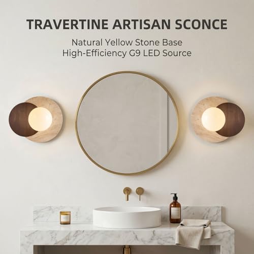 Image of Marble Wall Lamp, Bathroom Vanity Light Fixtures, Wall Mount Lamp, Over Mirror, Stone Wall Sconces, Vintage Wall Light with Wood and Stone Shade, for Porch Workshop Kitchen Living Room