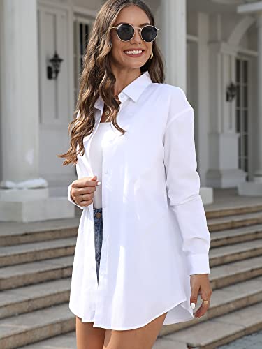 Hoteve White Button Down Shirt Women Plus Size Shirts Up Boyfriend Blouses Dressy Casual Cotton Oversized Long Sleeve Tops White Size Xs #TOP1