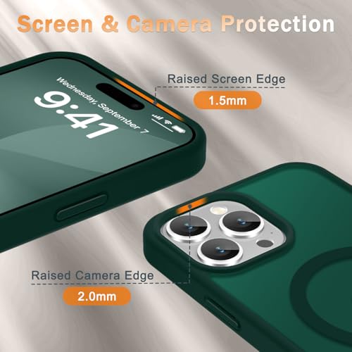 Image of YENAPOON for iPhone 14 Pro Max Case, Matte Magnetic Phone Cover [with 1 Screen Protector] [Support for MagSafe] [Shockproof Military Grade Protection] Translucent Frosted Back, Dark Green