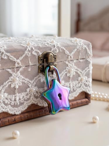 Image of Rainbow 2 Stars Mini Padlock with 4 Keys, Decorative Small Lock for Diary, Jewelry Box & Luggage, Zinc Alloy Security Lock