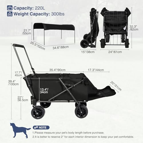 REDCAMP Hundewagen faltbar mit Dach ausziehbarem Heck | 136 kg Tragkraft Für große Hunde| All-Terrain Räder mit Bremsen | Für Camping Garten Outdoor | Hochwertiges 600D Oxford-Gewebe
