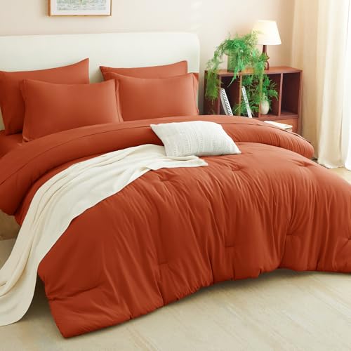 CozyLux King Comforter Set Burnt Orange, 7 Pieces Bed in a Bag Terracotta Comforter Set with Sheets, All Season Boho 7PC Bed Sets with Comforter, Fitted Sheet, Flat Sheet, Pillow Shams and Pillowcases