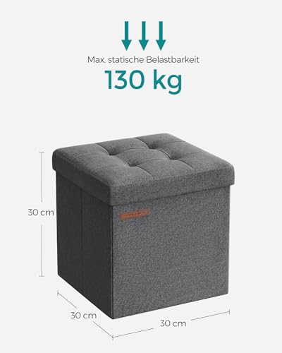 SONGMICS Aufbewahrungshocker, klein, faltbar, 30 x 30 cm, würfelförmiger Fußhocker mit Aufbewahrung, belastbar bis 130 kg, für Wohnzimmer, Schlafzimmer, Schlafsaal, Dunkelgrau LSF028G01