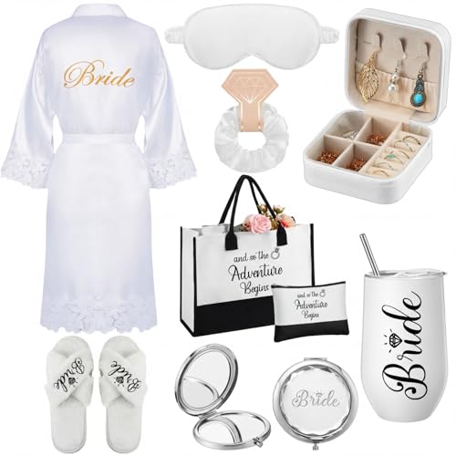 Image of JaGely 9 Pcs Bride to Be Gifts Set Bridal Shower Bachelorette Wedding Gifts with Robe Slippers Tumbler Tote Bag & Bridal Kit