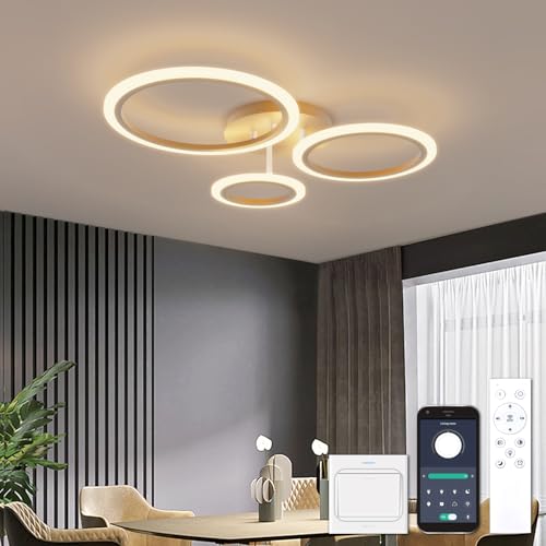 YOLEDY Deckenlampe Led mit Fernbedienung & APP, Decken Lampen mit 3 Ring, Dimmbar, Licht Memory Funktion mit Timer, Moderne Deckenleuchte Rund Wohnzimmer Flur Schlafzimmer, Gold
