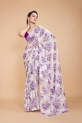 Image of Garden Vareli Summer Roganza Viscose Brasso Floral Print Saree with Unstitched Blouse Piece