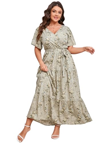 Image of ShopWonder Womens Plus Size V Neck Wrap Maxi Dress High Waist Ruffle Summer Casual Dress with Belt