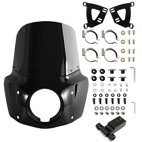 Image of FATECIM Motorcycle 5.75 inch Headlight Fairing with 13 inch Black Windshield Windscreen & 48-58mm Mounting Kit Headlight Extension Block For Harley 2018 2019 2020 2021 2022 Softail FXBB Street Bob