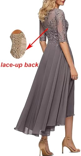 Hanvaios Lace Chiffon Formal Mother Of The Bride Dresses Tea Length Plum Half Sleeve Wedding Evening Party Gown Size 12 thumb #3
