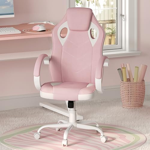 Sedia Gaming, Sedia per PC, Ergonomica con Tessuto Traspirante, Altezza Regolabile, Ruote, Schienale, Braccioli e Funzione Basculante, Bianco+Rosa - Sedia gaming