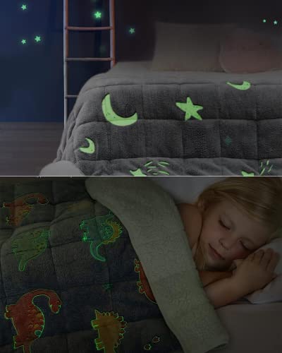 Uttermara Kids Weighted Blanket 5Lbs, Sherpa Fleece Glow In The Dark Blanket With Cozy Warm Sherpa And Soft Plush Flannel, Heavy Luminous Throw Bed Blanket, 36X48 Inches, Star Moon, Grey + Dinosaur Bl #TOP21