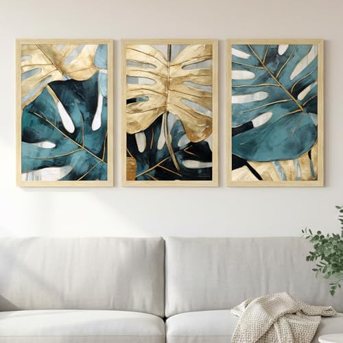 Image of ArtX Paper Abstract Leaf Paintings For Wall Decoration, Home Decor Wall Art, Hotel Wall Painting for Living Room, Multicolor, Natural Wood Color Frames, 12x18 inch, Set of 3