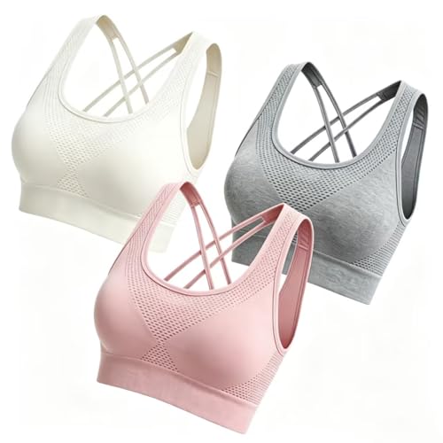 KevaMolly 3Pk Cross Back High Impact Padded Sports Bra Wht Gry Pnk S