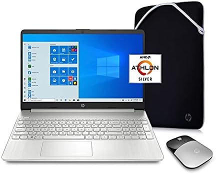 HP 2021 15.6" Laptop Computer, Athlon N3050, 4GB DDR4 RAM, 128GB NVMe SSD, Wireless Mouse, Sleeve, Silver, Windows 10 Home in S Mode with Microsoft 365 +HDMI Cable