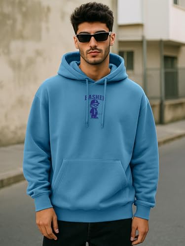 Image of Veirdo Polycotton Spun Oversized Fit Hooded Sweatshirt Full Sleeves Front Chest Graphic Printed Drop Shoulder Jumper Hoodie for Men (Colors: Blue, Black, Gray, Smoke Pine & Peach)