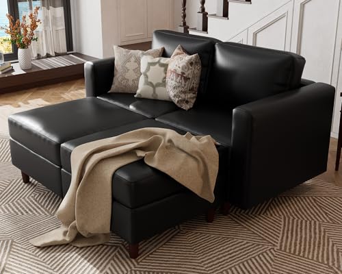 Image of ABCASA Faux Leather Loveseat Sofa Sleeper Bed with Storage Seat, 64.6 inch Modular Sectional Couch Deep Seat with Reversible Chaise 2-Seat Black