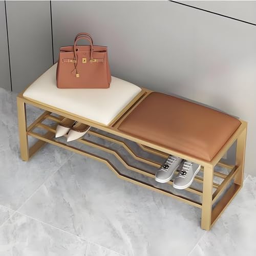 Banco de entrada con zapatero y almacenamiento de ropa de lino, zapatero de 2 niveles y banco de zapatos para dormitorio o sala de estar, banco tapizado de poliuretano estable y taburete cambiador