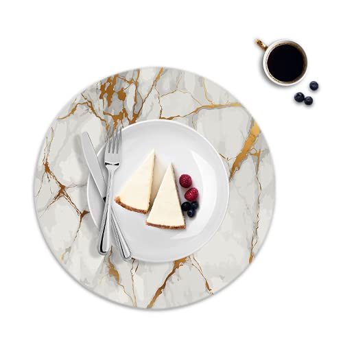Round Leather Placemats Set Of 4 Pu Waterproof Non-Slip Washable Heat Resistant Place Mat For Kitchen Dining Table - Marble Gold Line #TOP1