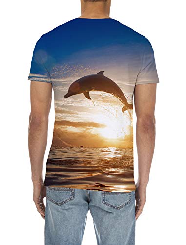 Men T-Shirts, Fashion Funny 3D Dolphin Jumps Sunset Printed Short Sleeve Shirts Round Neck 3D Print Tees T-Shirt For Men #TOP2