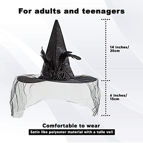 Ladies Black Witch Hat with Veil and Feathers - Halloween Day of the Dead Corpse Bride - Adults Pointy Witch Hat - Fancy Dress Carnival Accessories - Women's Witch or Wizards Outfit