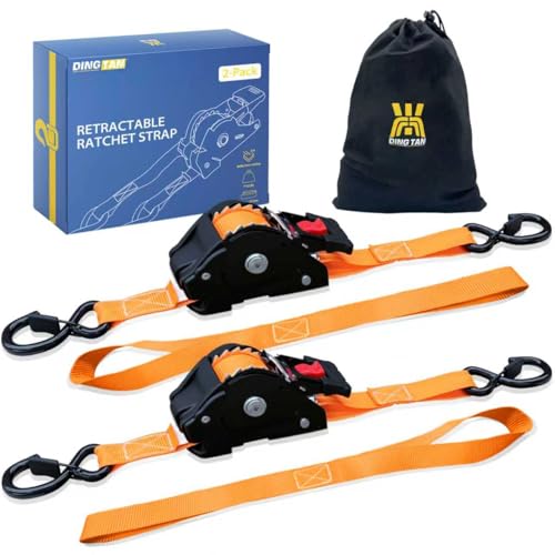 Retractable Ratchet Straps (2-Pack) - 1'' x 11.5' (1,800lb Break Strength) - Heavy Duty Auto Self Retracting Tie Down Straps for Truck, Cargo Trailer, Motorcycle, Rad & More - Orange